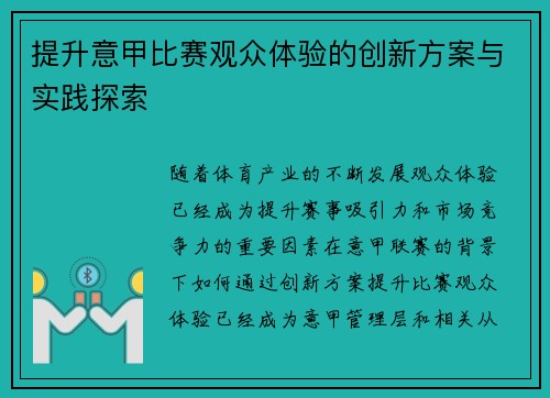 提升意甲比赛观众体验的创新方案与实践探索