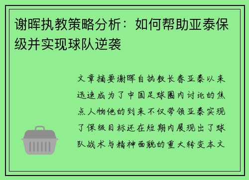谢晖执教策略分析：如何帮助亚泰保级并实现球队逆袭
